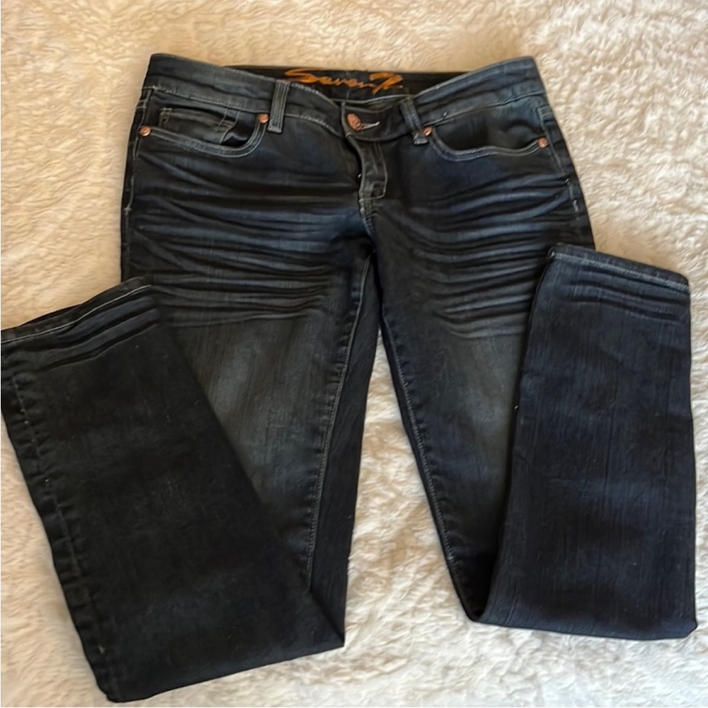 Women’s Seven jeans size 8-29, low waisted, straight leg, dark denim, distressed